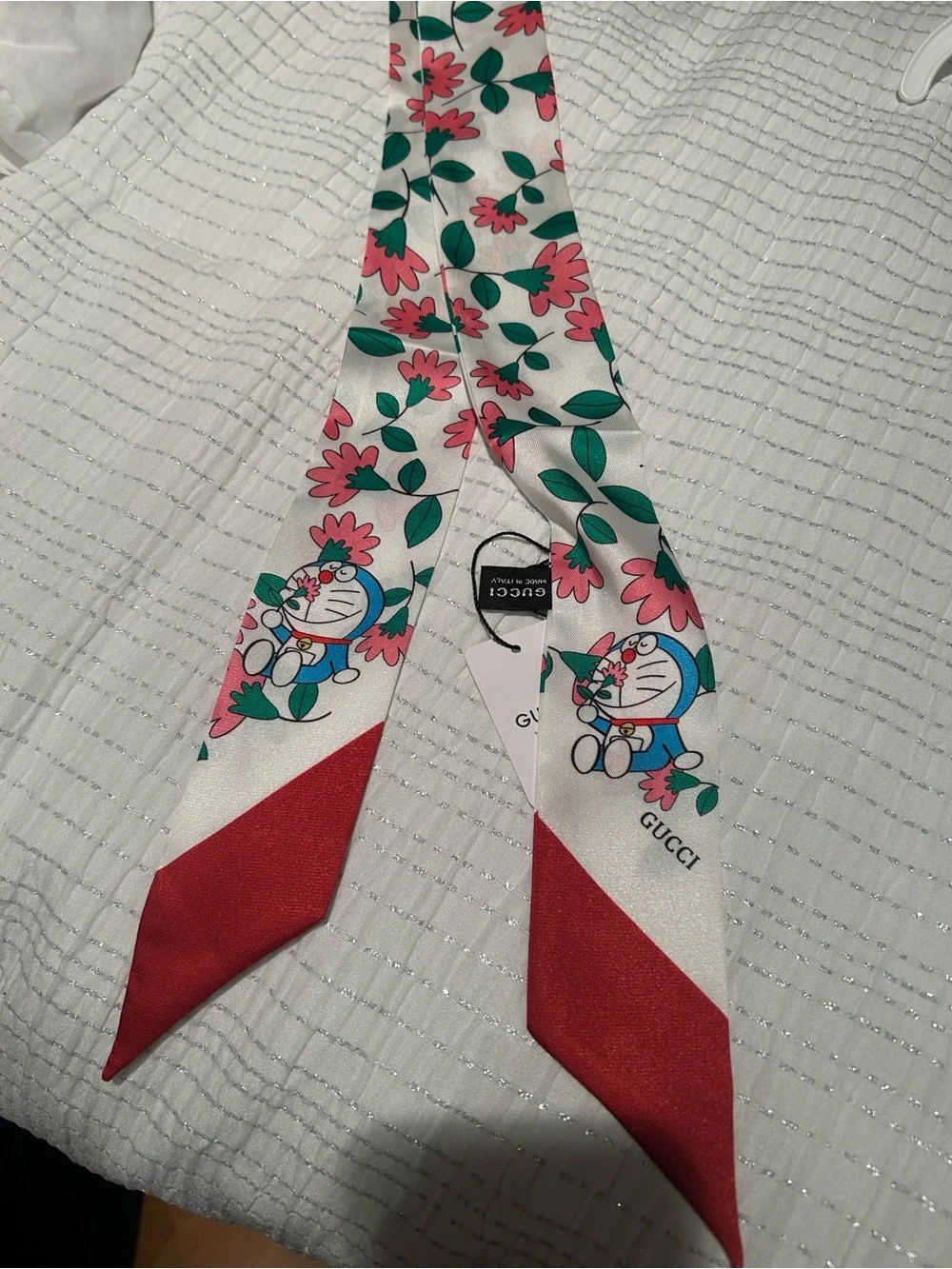 Gucci Cream Silk Twilly with Pink Flowers and Green Leaves